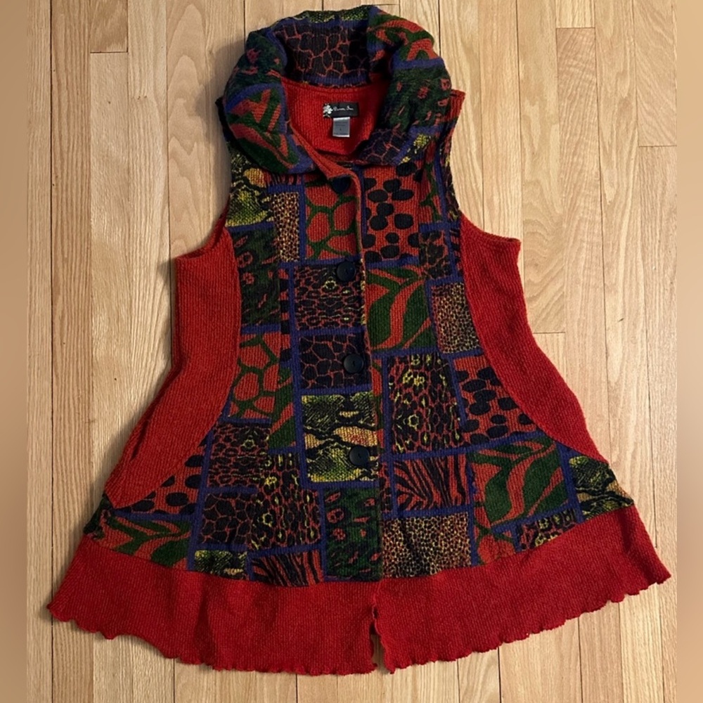 DAMEE ButtonUp, Sleeveless, Fit&Flare Red Print Tunic Vest, Size Large